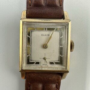 Vintage Elgin Watch Men 10k Rolled Gold Plated Case Brown Band Manual Wind 8.5"